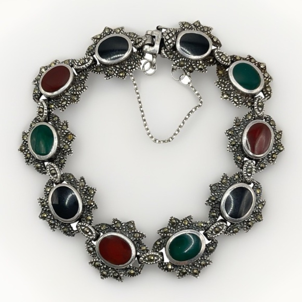 Vintage Marcasite Bracelet Sterling Silver Signed MC Marsala Art Deco Sz 6.5 26g